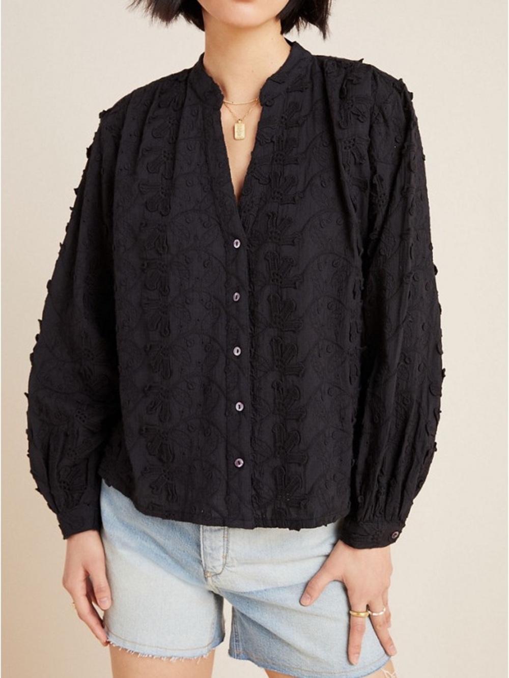Anthropologie Seen Worn Kept Kathryn Textured Floral Blouse Black